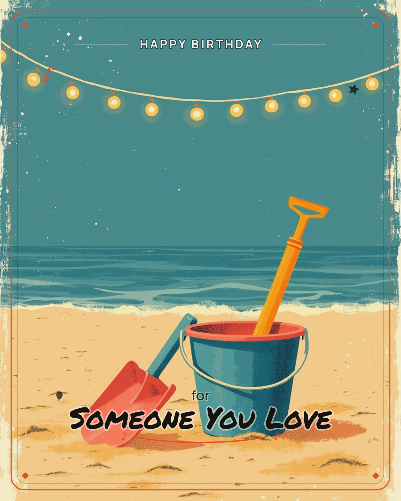 A teal beach bucket and orange spade sit together on golden sand, with a string of glowing fairy lights strung across a dusky blue sky above a gentle sea, a birthday e-card design