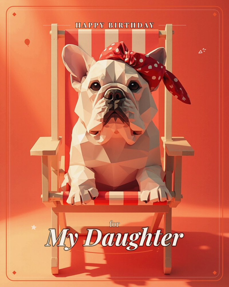 A low-poly white bulldog sits perched in a red-and-cream striped deckchair, wearing a red polka-dot bandana knotted at the ears, a birthday e-card design