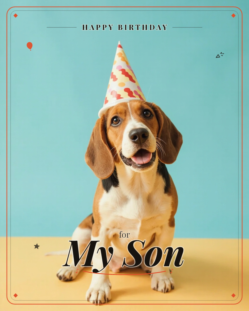 A beagle sits against a bright turquoise backdrop on a warm mustard-yellow surface, wearing a polka-dotted paper party hat perched between its ears, a birthday e-card design