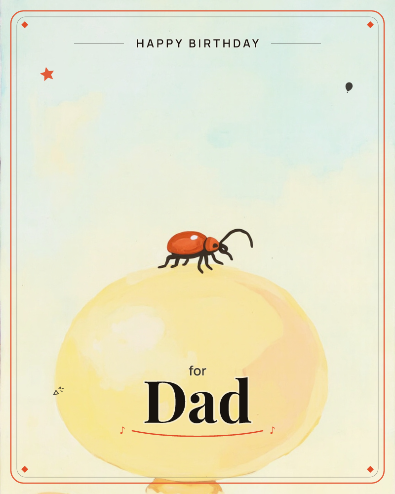 A single red beetle with long curling antennae perches atop a smooth, glowing yellow orb, painted in soft washes against a pale, cloud-streaked sky, a birthday e-card design