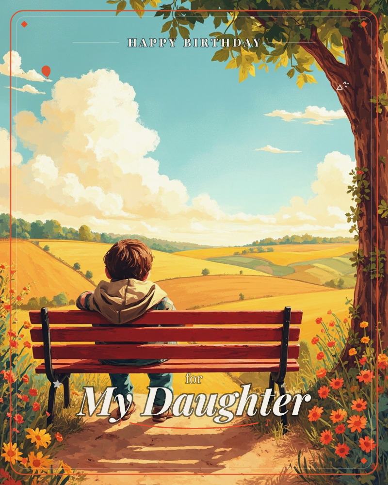 A child sits alone on a red wooden bench, back to us, gazing out over golden patchwork hills beneath a big cloud-strewn sky, a birthday e-card design