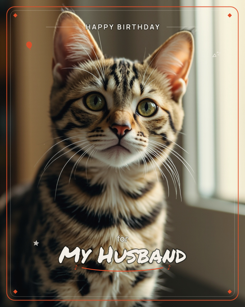 A close-up portrait of a spotted tabby kitten with large green eyes, caught mid-glance beside a sunlit window, a birthday e-card design