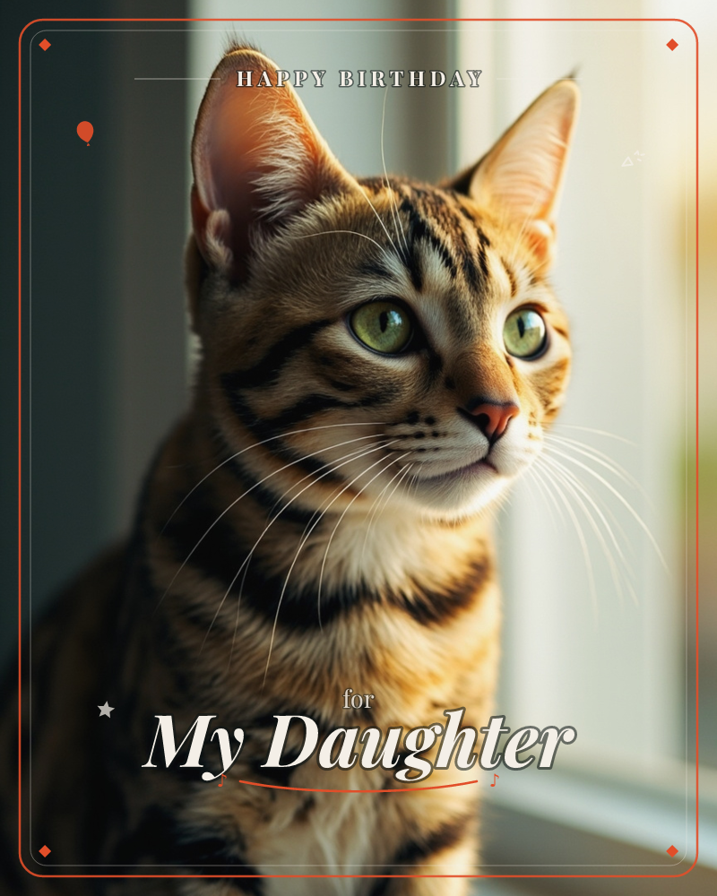 A close-up portrait of a striped tabby cat with bold black markings and bright green eyes, sitting near a sunlit window, a birthday e-card design