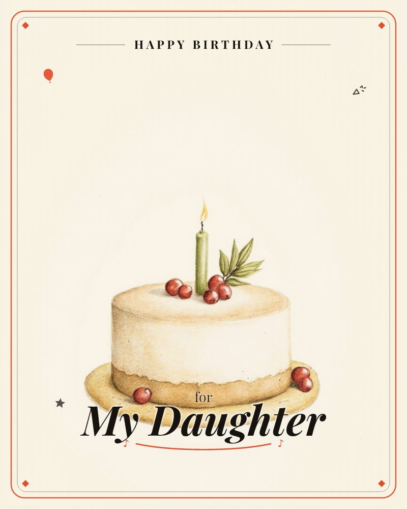 A single round layer cake sits centred on a plain cream background, iced in soft cream with a golden crumb peeking through at the base, a birthday e-card design