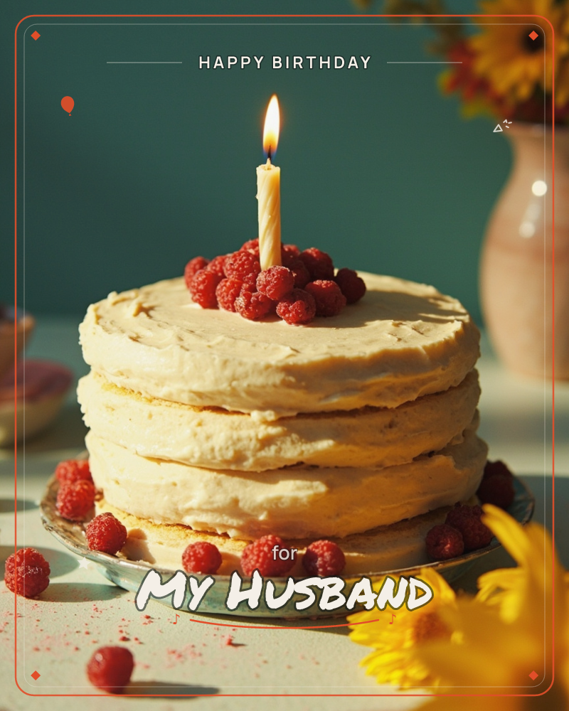 A layered cake with pale buttercream frosting sits on a rustic plate, topped with fresh raspberries and a single lit candle, a birthday e-card design