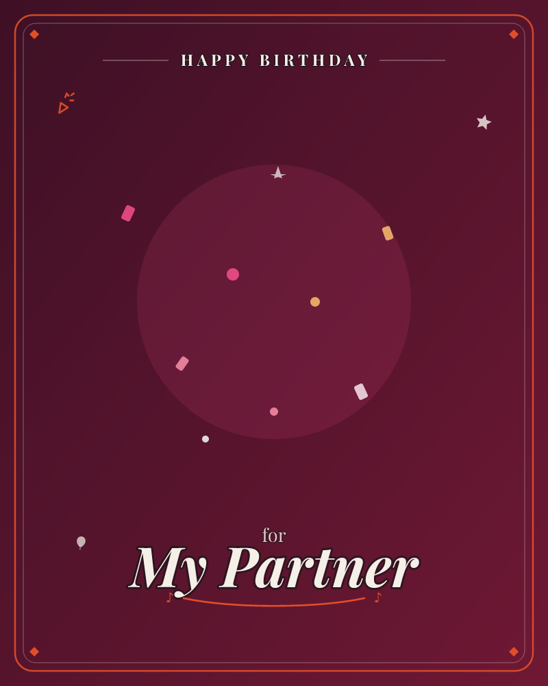 A deep wine-red backdrop glows softly around a large translucent circle like a moon rising through dusk haze, a birthday e-card design by @DittyCityTeam