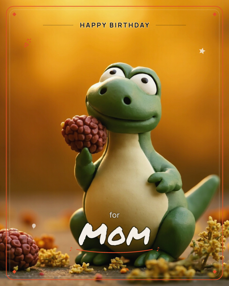 A claymation-style green dinosaur with a round cream belly stands against a glowing amber background, holding up a textured reddish-brown berry-like…, a birthday e-card design