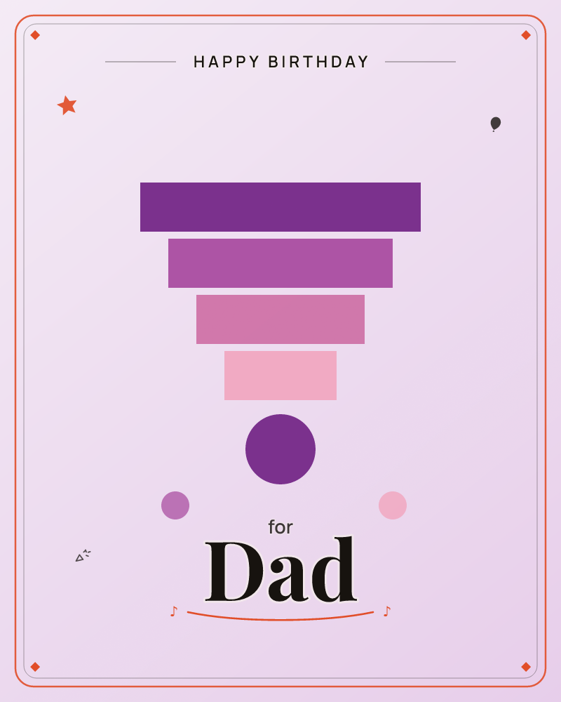 A simple abstract design shows four rectangles stacked in decreasing width, shading from deep purple to soft pink, forming a tapered tower above a…, a birthday e-card design by @DittyCityTeam