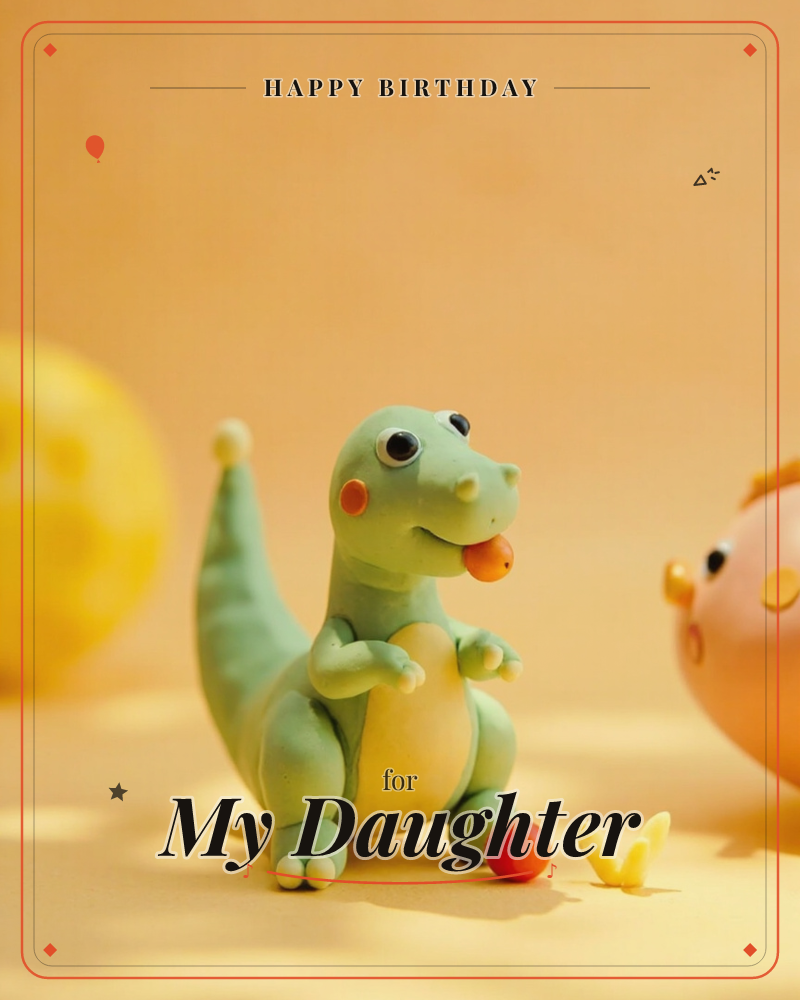 A cheerful clay dinosaur figure with rosy cheeks and a cream belly stands on a warm yellow surface, flanked by a soft yellow ball and a peach-toned…, a birthday e-card design