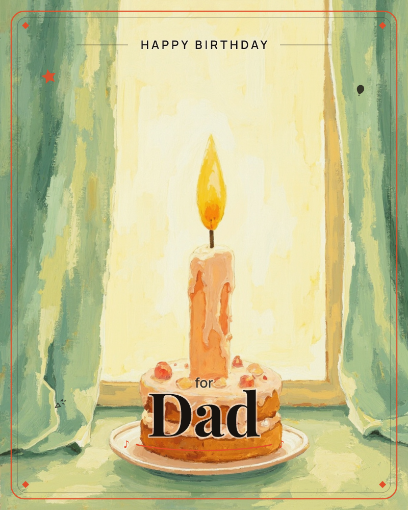 A single tall candle burns atop a small frosted cake set on a windowsill, its wax dripping down the sides in soft pale ribbons, a birthday e-card design