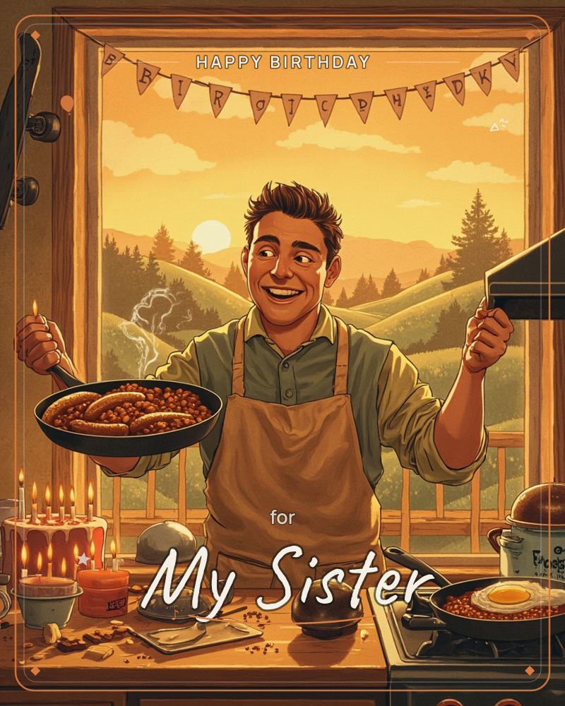 Golden-lit kitchen at sunset, sizzling skillets and flickering candles, banners strung above rolling green hills, warm amber light spilling through the…, a birthday e-card design