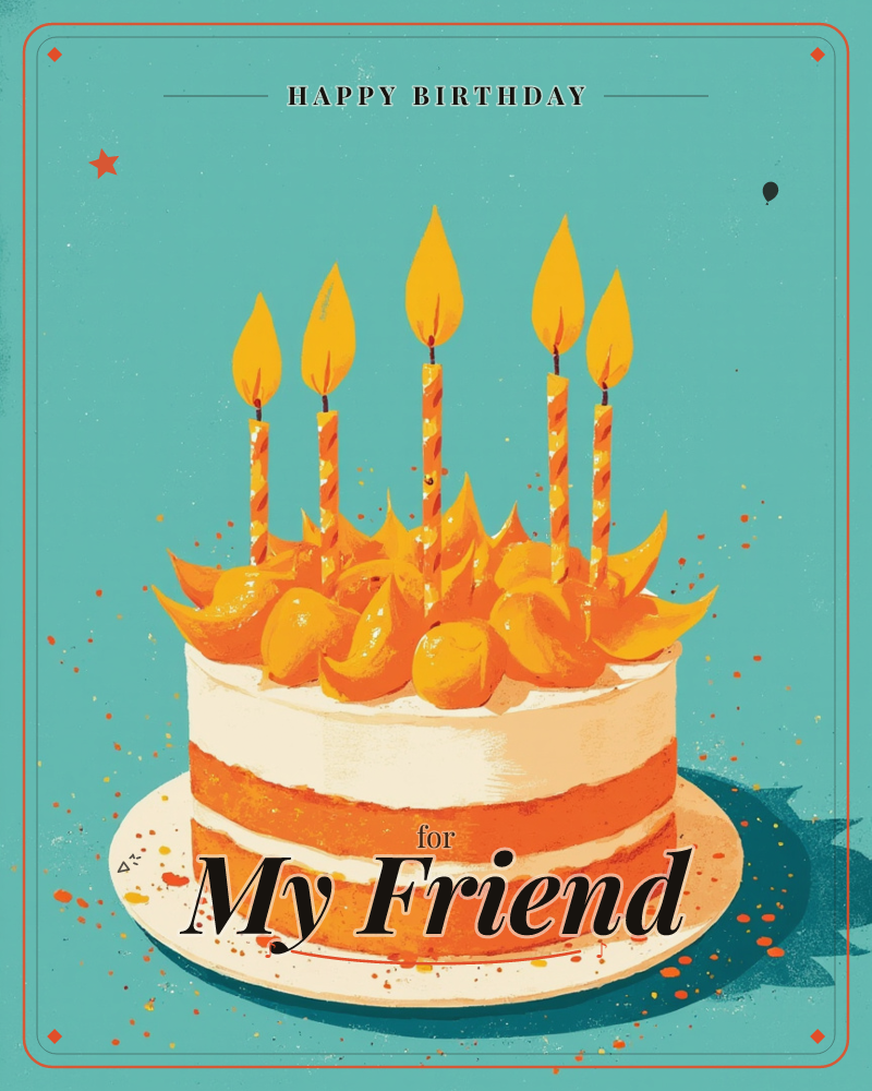 A layered orange-and-cream cake sits on a white plate against a bright teal background, topped with glossy citrus-orange pieces and five tall striped…, a birthday e-card design