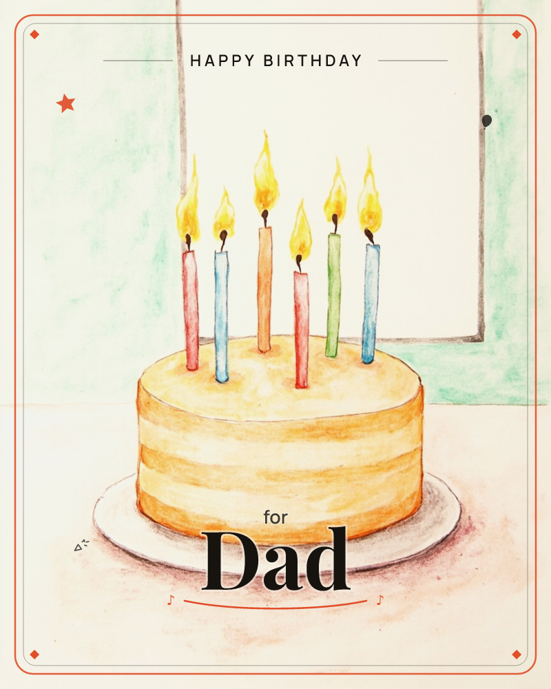 A round golden cake sits on a white plate near a window, topped with six lit candles in alternating red, blue, and green, a birthday e-card design