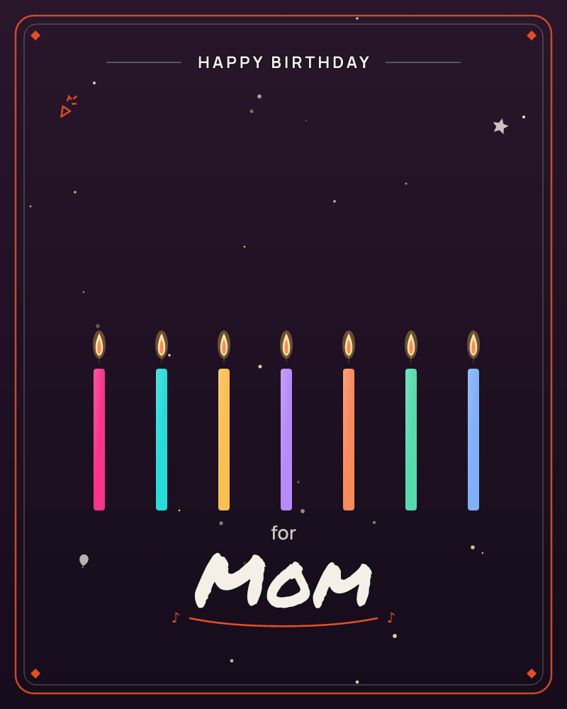 Seven slim birthday candles stand in a row against a deep purple-black night sky, each a different jewel colour and topped with a small glowing flame, a birthday e-card design by @DittyCityTeam