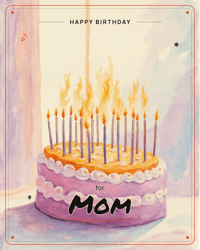 A lavender layer cake with piped white icing sits ablaze with a dense forest of candles, their flames merging into one bright orange glow, a birthday e-card design