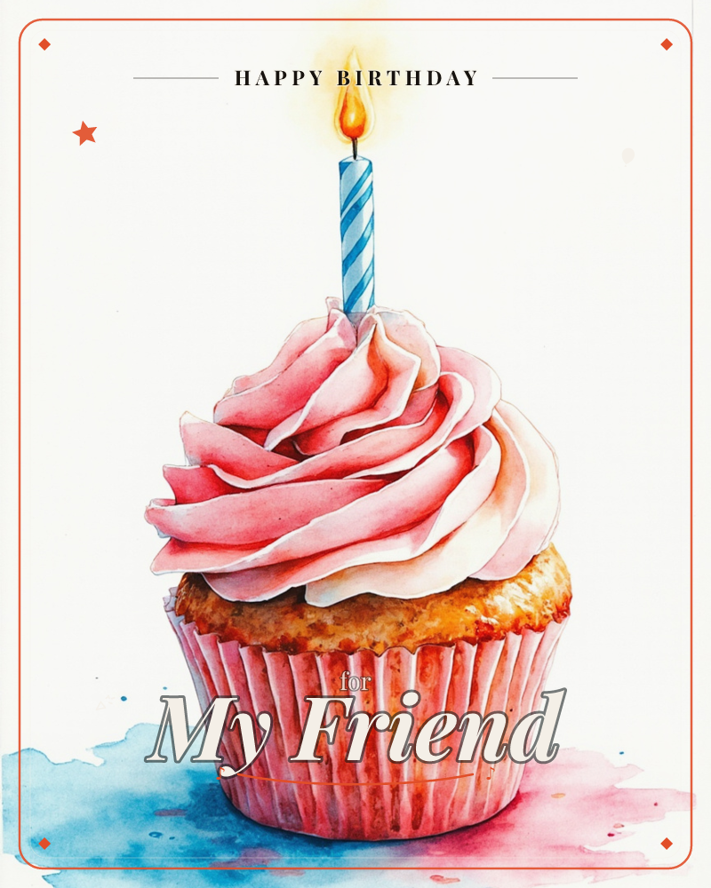 A single cupcake sits centre-stage against a soft vignette of white and grey, its swirled pink frosting rising in ruffled peaks above a golden-baked…, a birthday e-card design