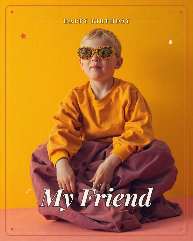 A child sits cross-legged against a bold mustard-yellow backdrop, wearing an orange sweatshirt and oversized patterned sunglasses, with a voluminous…, a birthday e-card design