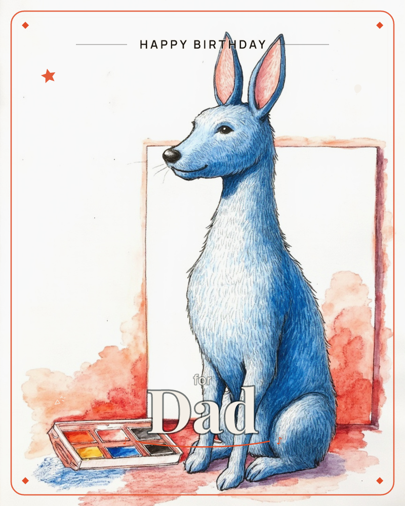 A tall blue-furred hare with pink-lined ears sits upright beside a small watercolour palette, its posture calm and alert against a loose wash of…, a birthday e-card design