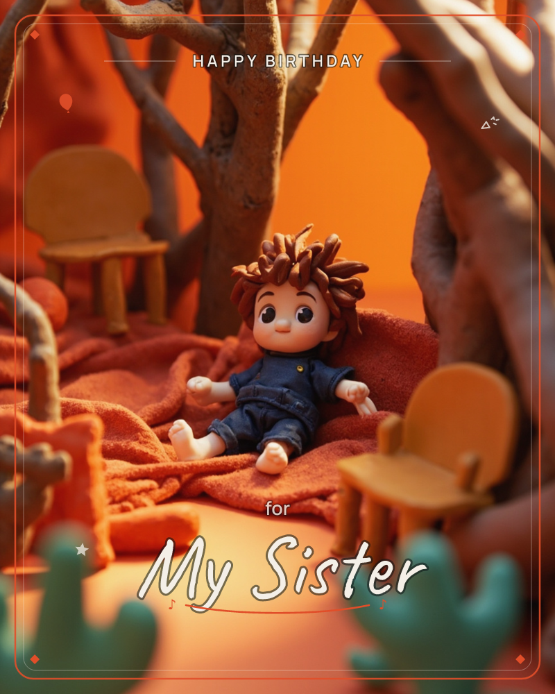 A curly-haired toy figure in denim overalls lies sprawled across a rumpled orange blanket in a tiny handcrafted forest scene, bare branches arching…, a birthday e-card design