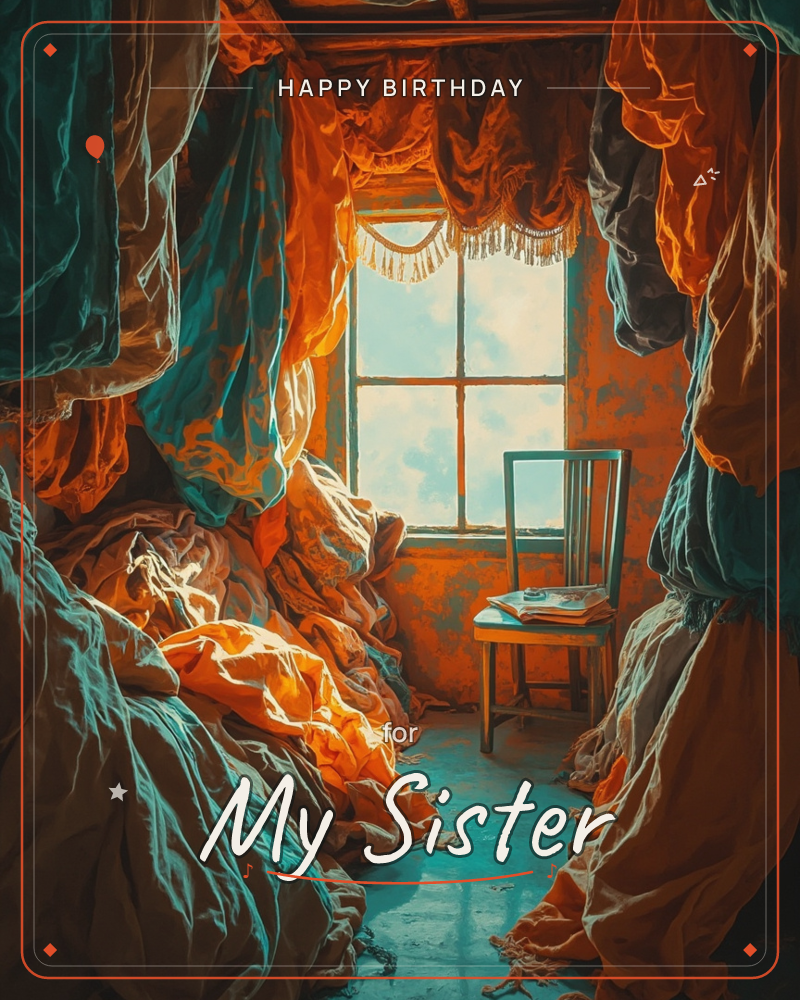 A window glows with soft daylight at the end of a room swallowed in draped, rumpled fabric in burnt orange and teal, a birthday e-card design