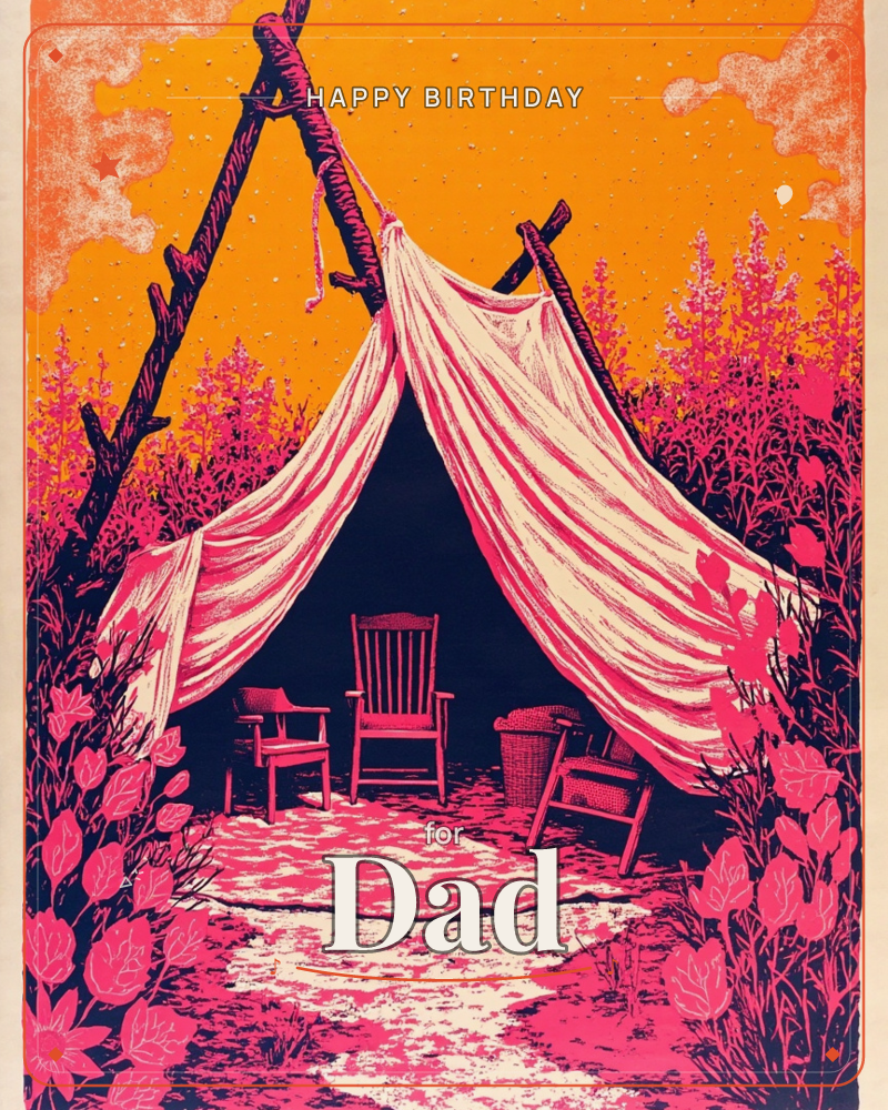 A rustic canvas tent hangs open on wooden poles, framing a cluster of empty chairs and a woven basket inside, a birthday e-card design