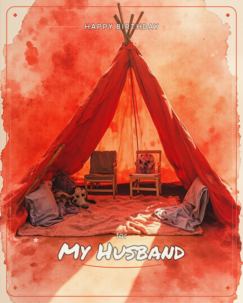 A red canvas teepee glows from within, sunlight streaming across a sandy rug and two small wooden chairs set with soft cushions, a birthday e-card design