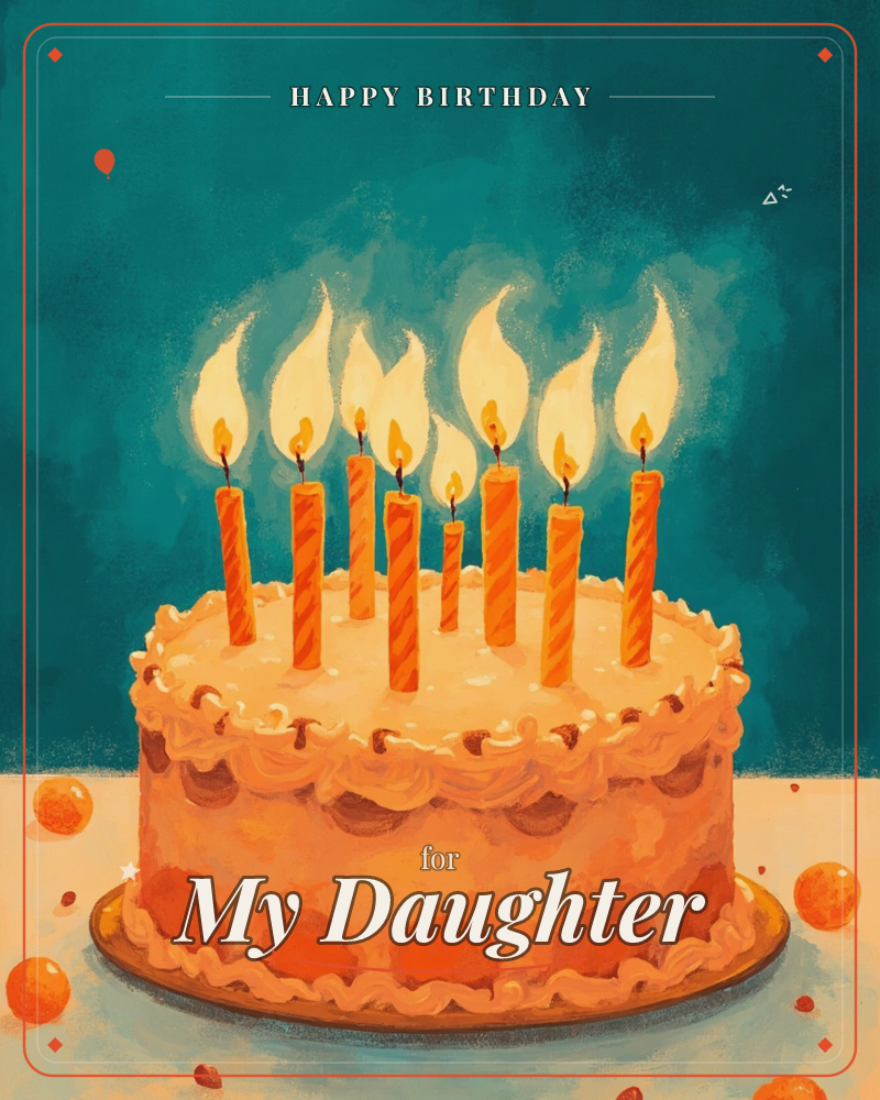 A frosted cake sits glowing against a deep teal background, eight orange striped candles flickering with warm golden flames above swirled cream icing, a birthday e-card design