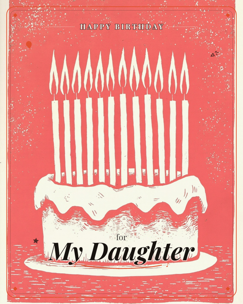 A tall birthday cake sits on a dark plate against a glowing red backdrop, its thick white icing dripping down the sides in bold, hand-cut lines, a birthday e-card design