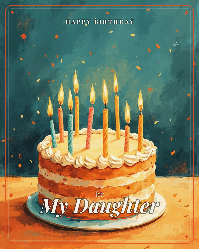 A layered birthday cake with swoops of pale buttercream sits on a plate against a deep teal wall, nine striped candles flickering above it, a birthday e-card design