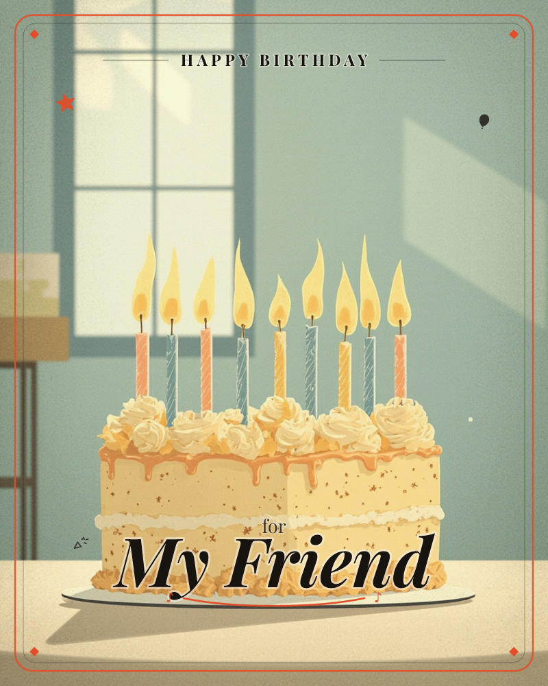 A layered vanilla cake with caramel drizzle and swirled frosting sits on a plate, topped with nine lit candles in pink, blue and gold, a birthday e-card design