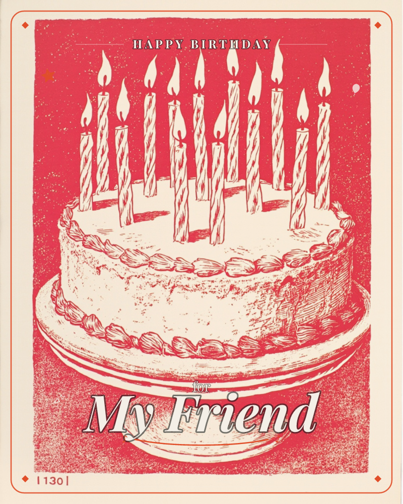 A round frosted cake sits on a pedestal stand, crowded with a dozen tall striped candles all lit and flickering, a birthday e-card design