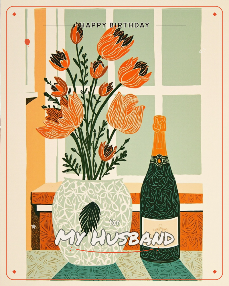 A still life shows a patterned white vase bursting with orange tulips beside a dark green champagne bottle, set on a striped table before a pale…, a birthday e-card design