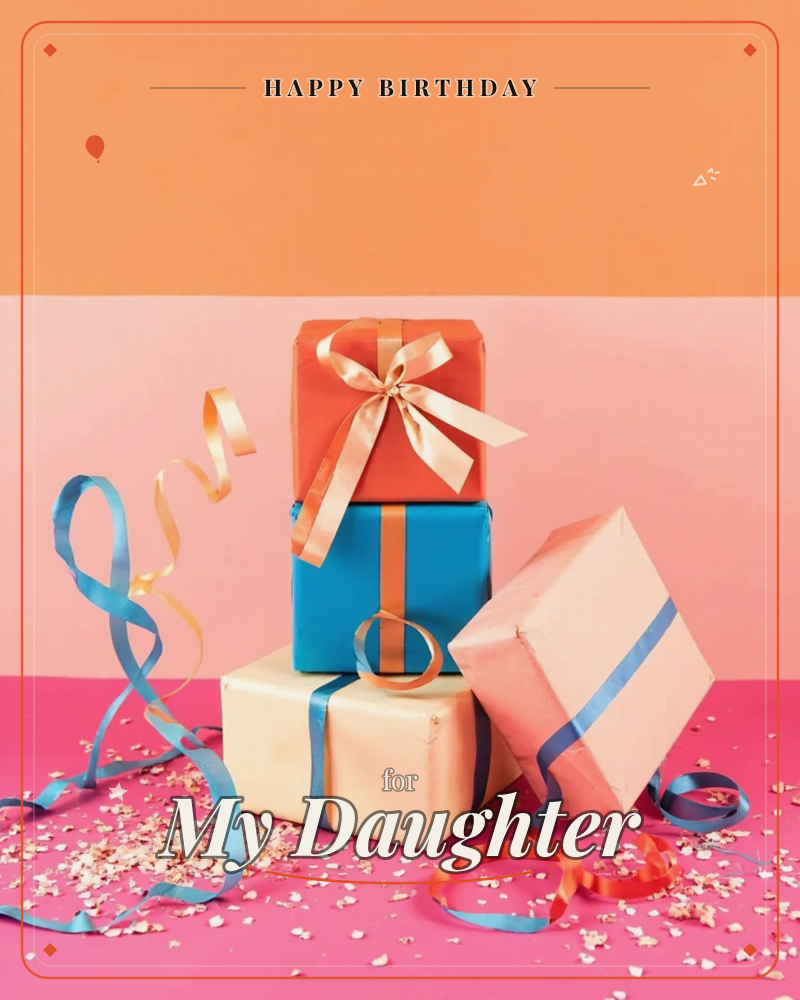A stack of three wrapped presents in coral, teal and cream sits against horizontal bands of dark brown, orange and pink, with a fourth box tipped on…, a birthday e-card design
