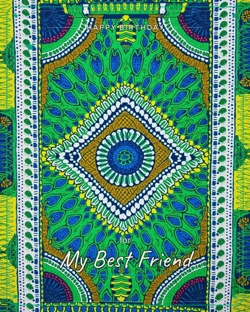 A dense African-wax-print style pattern fills the whole card in emerald green, cobalt blue and mustard gold, built around a central diamond medallion…, a birthday e-card design