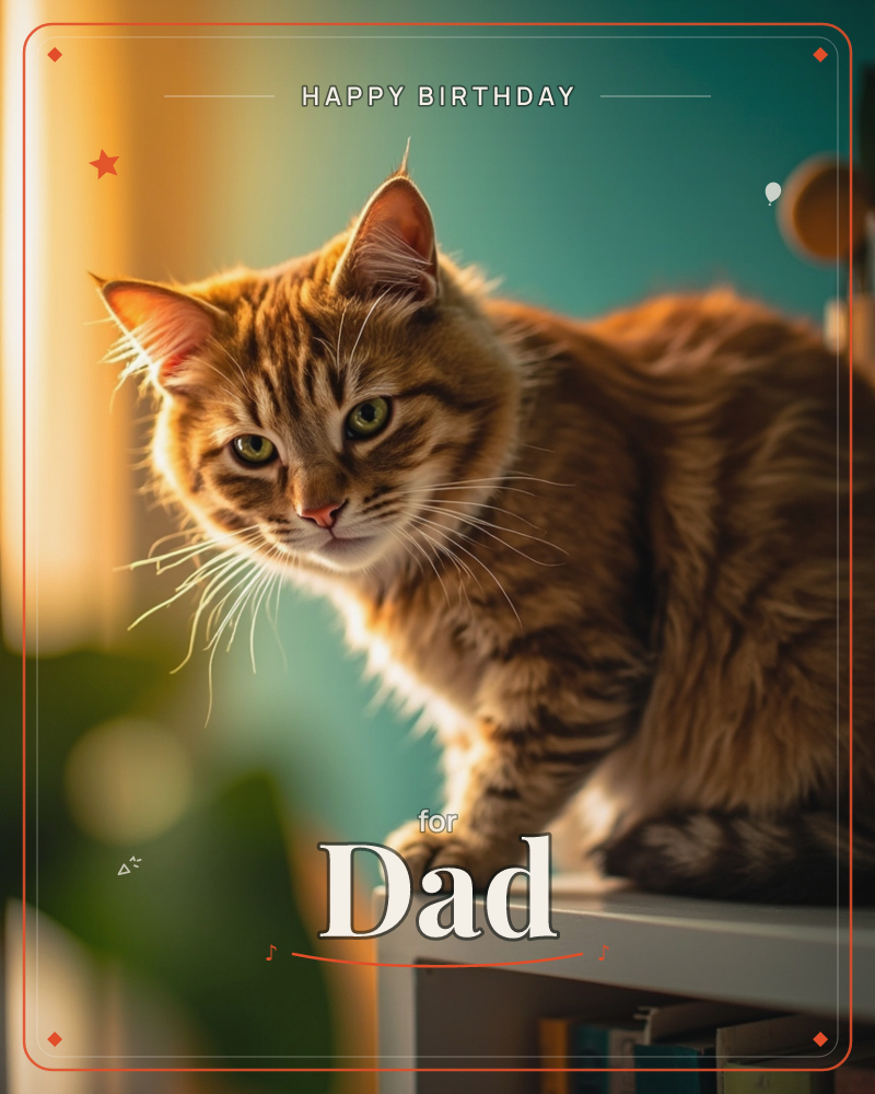 A ginger tabby cat perches on the edge of a white shelf, caught mid-glance with one paw raised as if about to step down, a birthday e-card design