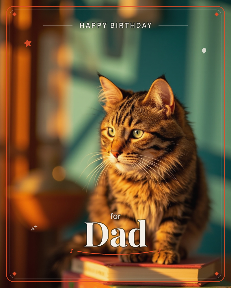 A striped tabby cat sits alert on a windowsill, its fur lit gold by low afternoon sun against a soft teal-blue background, a birthday e-card design