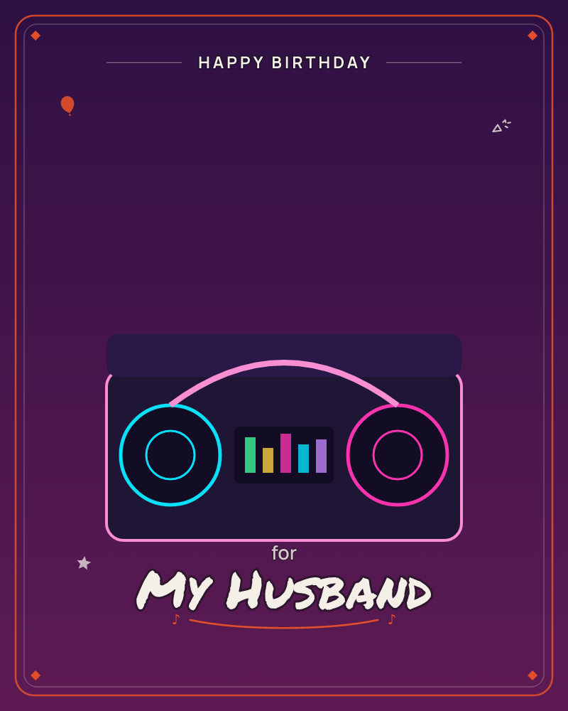 A retro boombox glows against a deep purple backdrop, its two speakers outlined in neon cyan and pink with a bright pink handle arching between them, a birthday e-card design by @DittyCityTeam