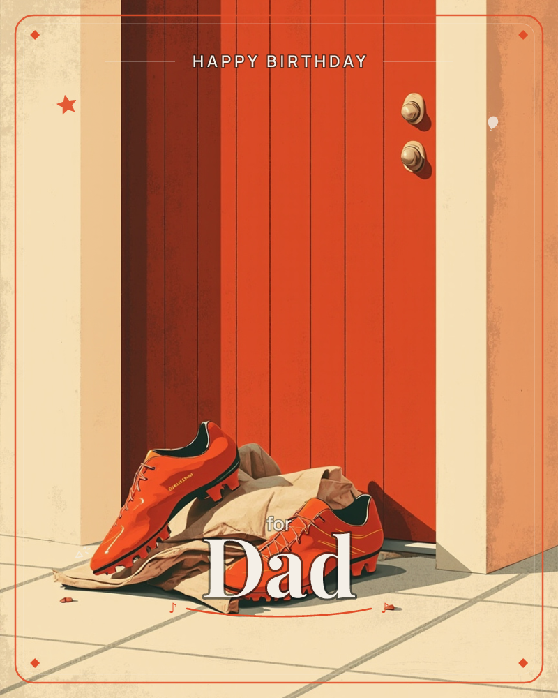 A pair of orange football boots sits kicked off beside a tan kit bag on a tiled doorstep, leaning against a tall red panelled door, a birthday e-card design
