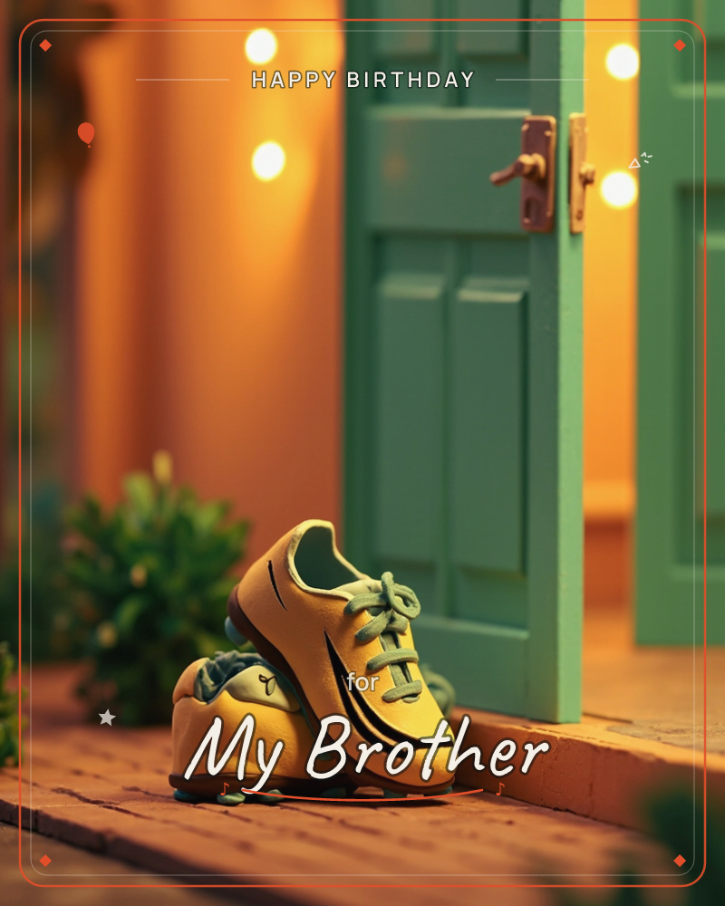 A pair of yellow football boots with black stripes sits on a brick doorstep beside an open sage-green door, warm string lights glowing softly in the…, a birthday e-card design