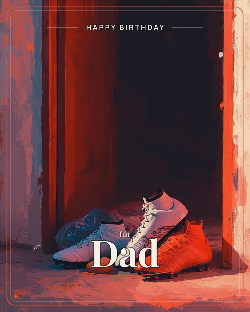 Three football boots and a small pebble sit clustered on a sunlit threshold, framed by a doorway painted in bold red and shadowed navy, a birthday e-card design
