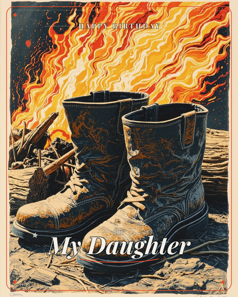 A pair of worn, scuffed work boots stand planted in front of a wall of stylised flames, their laces loose and toes scorched with soot and ember-orange…, a birthday e-card design