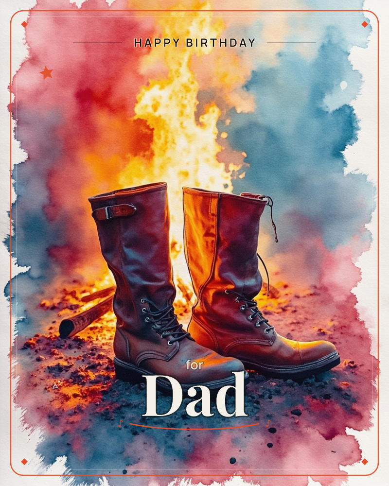 A pair of well-worn leather boots stands planted before a roaring blaze, painted in loose watercolour washes of red, gold, and smoky blue, a birthday e-card design