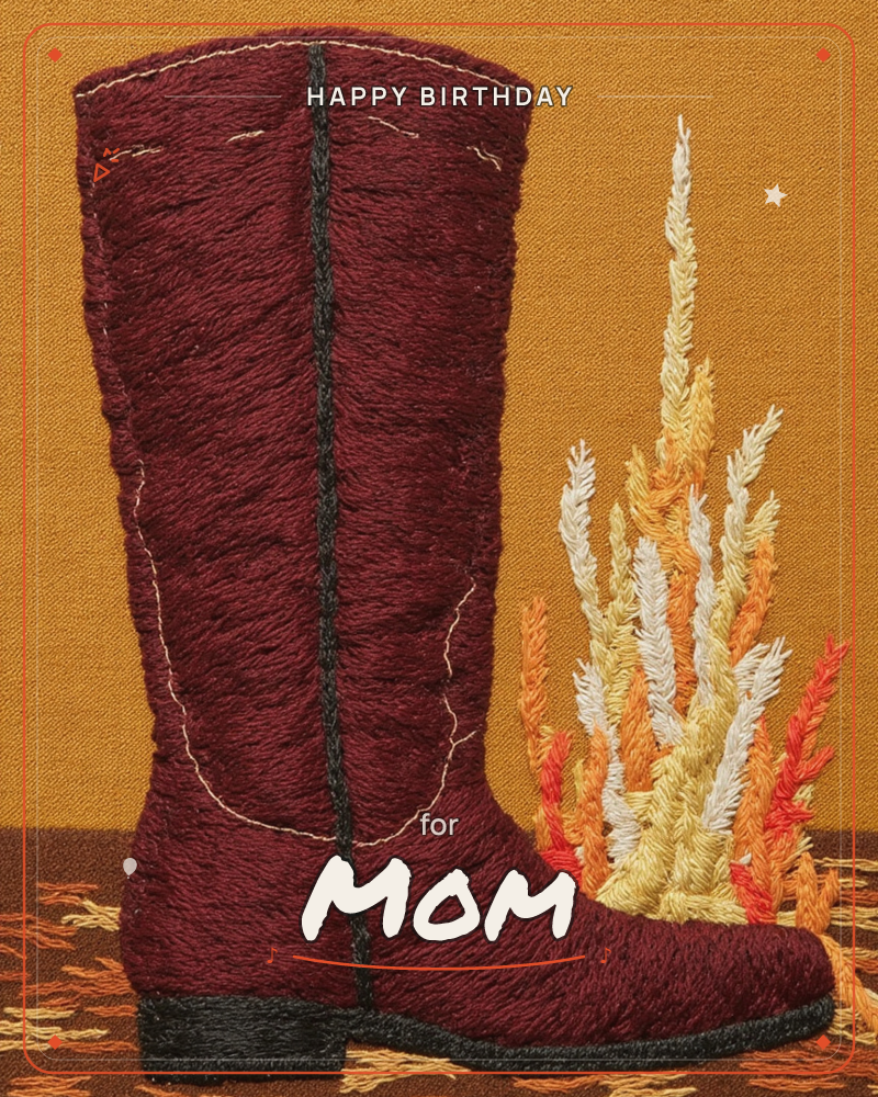 A tall burgundy riding boot rendered in dense embroidered thread stands beside a tuft of dry autumn grass stitched in cream, gold and orange, all set…, a birthday e-card design