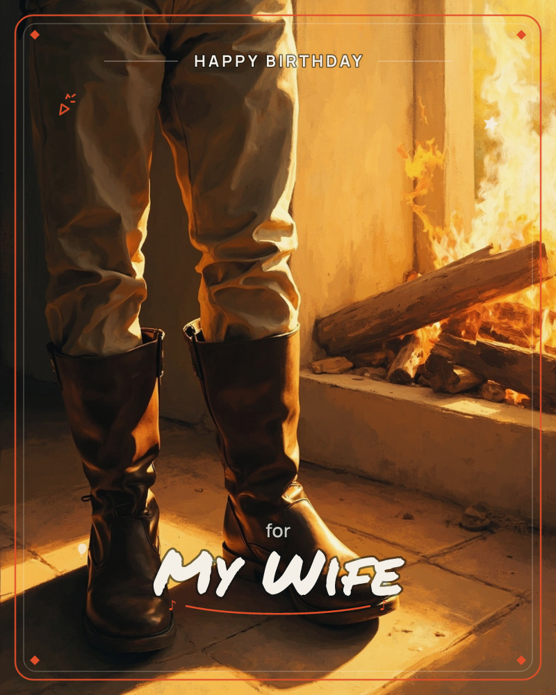 A close-up view shows a person's legs in tan trousers and tall brown leather boots, standing on stone tiles beside a blazing fireplace, a birthday e-card design