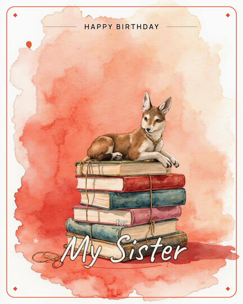A small fox-eared creature lies curled and content atop a stack of vintage books tied together with string, its paws draped lazily over the top cover, a birthday e-card design