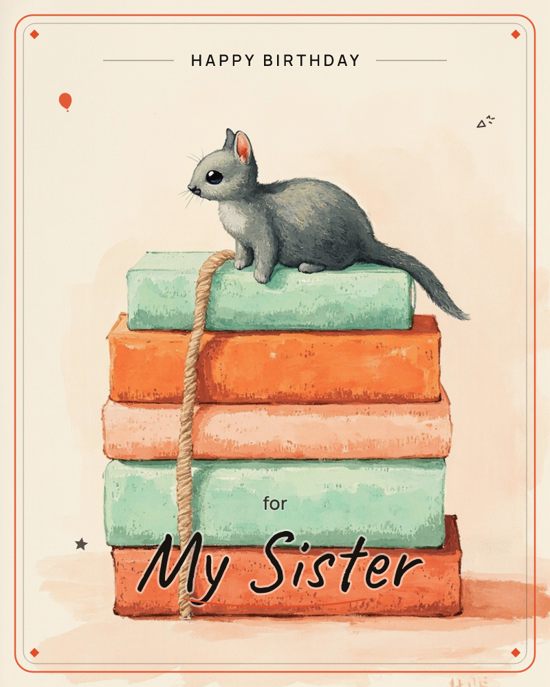 A small grey creature with a long tail and big dark eyes perches atop a tidy stack of books in alternating mint and terracotta covers, a length of rope…, a birthday e-card design