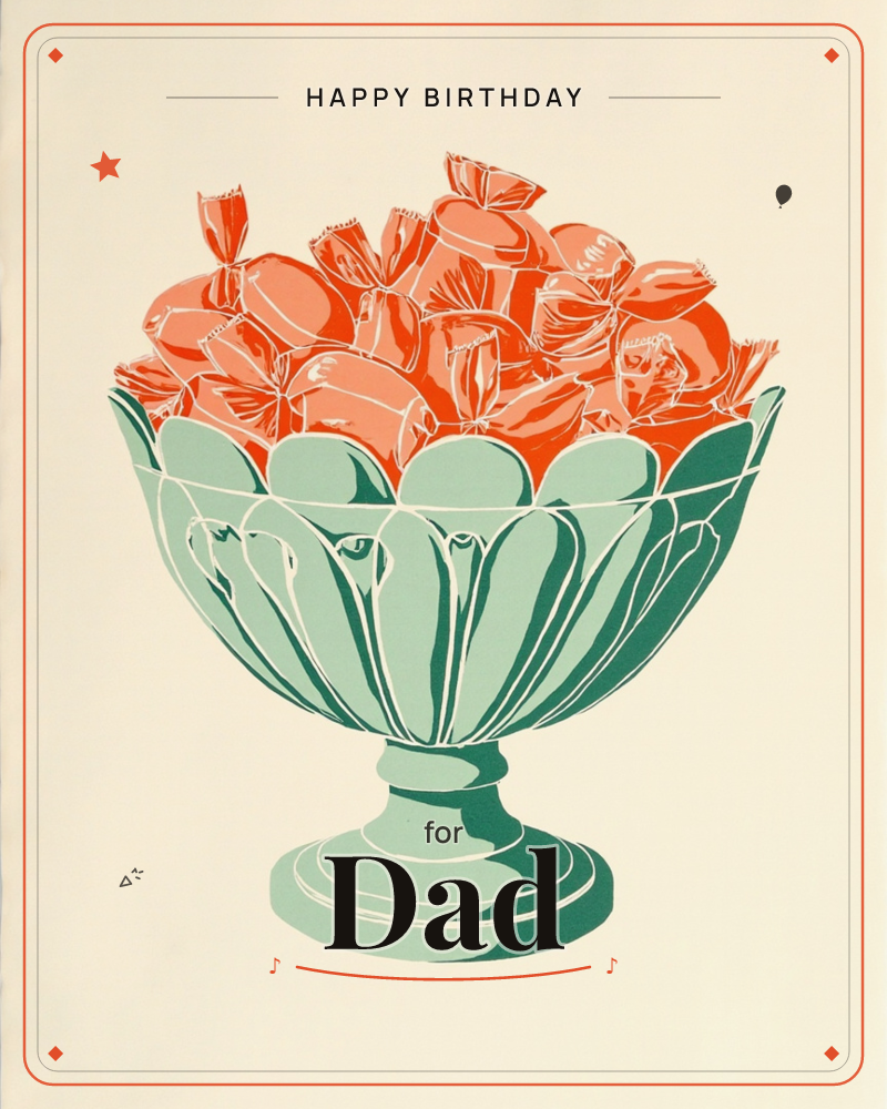 A scalloped pedestal bowl in mint and jade green sits piled high with wrapped orange sweets, their twisted cellophane ends catching the light, a birthday e-card design