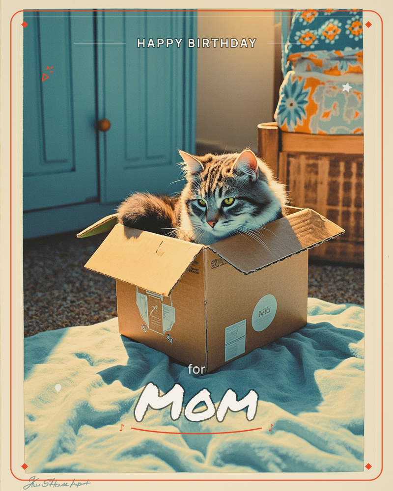 A tabby cat with striking green eyes perches inside an open cardboard box, tail draped over the edge, sitting atop a rumpled turquoise blanket, a birthday e-card design