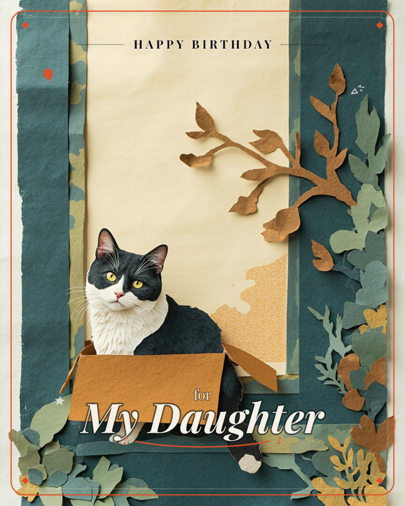 A black-and-white tuxedo cat sits inside a small torn cardboard box, set against a paper-cut collage of teal borders and a cream backdrop, a birthday e-card design