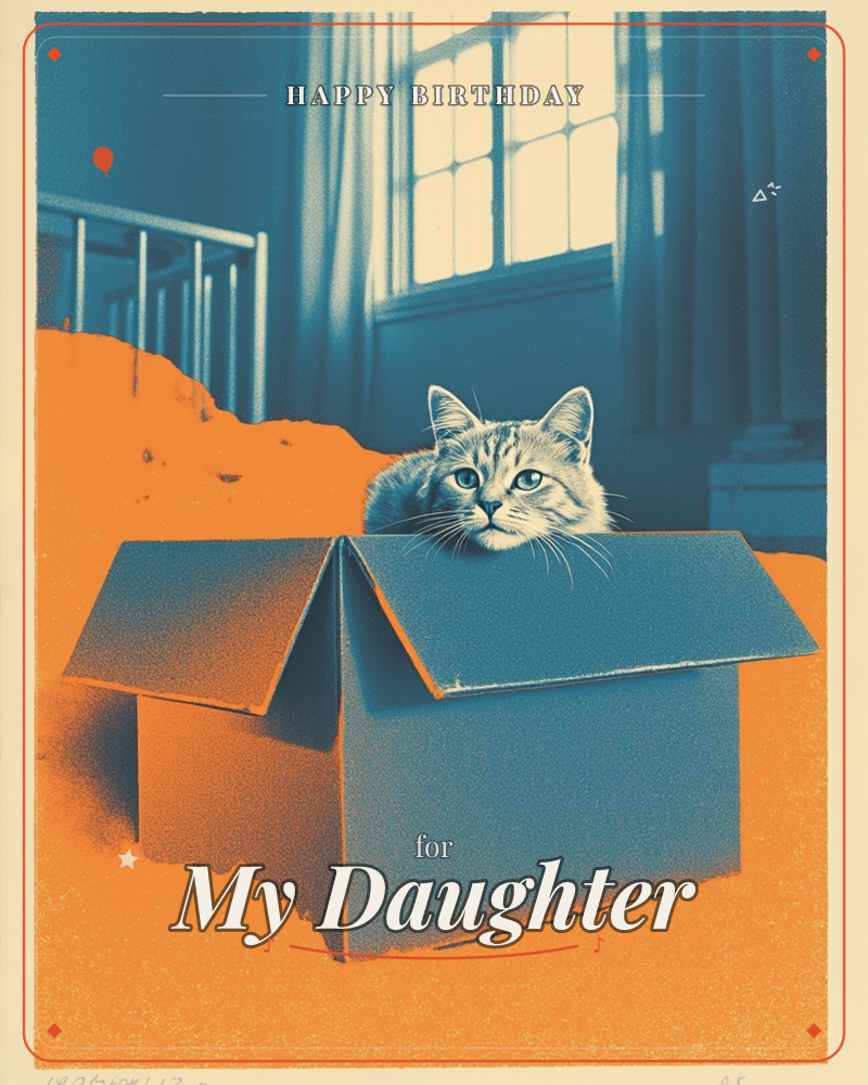 A cat peers over the edge of an open cardboard box, lit by tall window light in a duotone wash of deep blue and burnt orange, a birthday e-card design